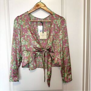 Dress Forum Pink and Green Floral Tie-Front Blouse
